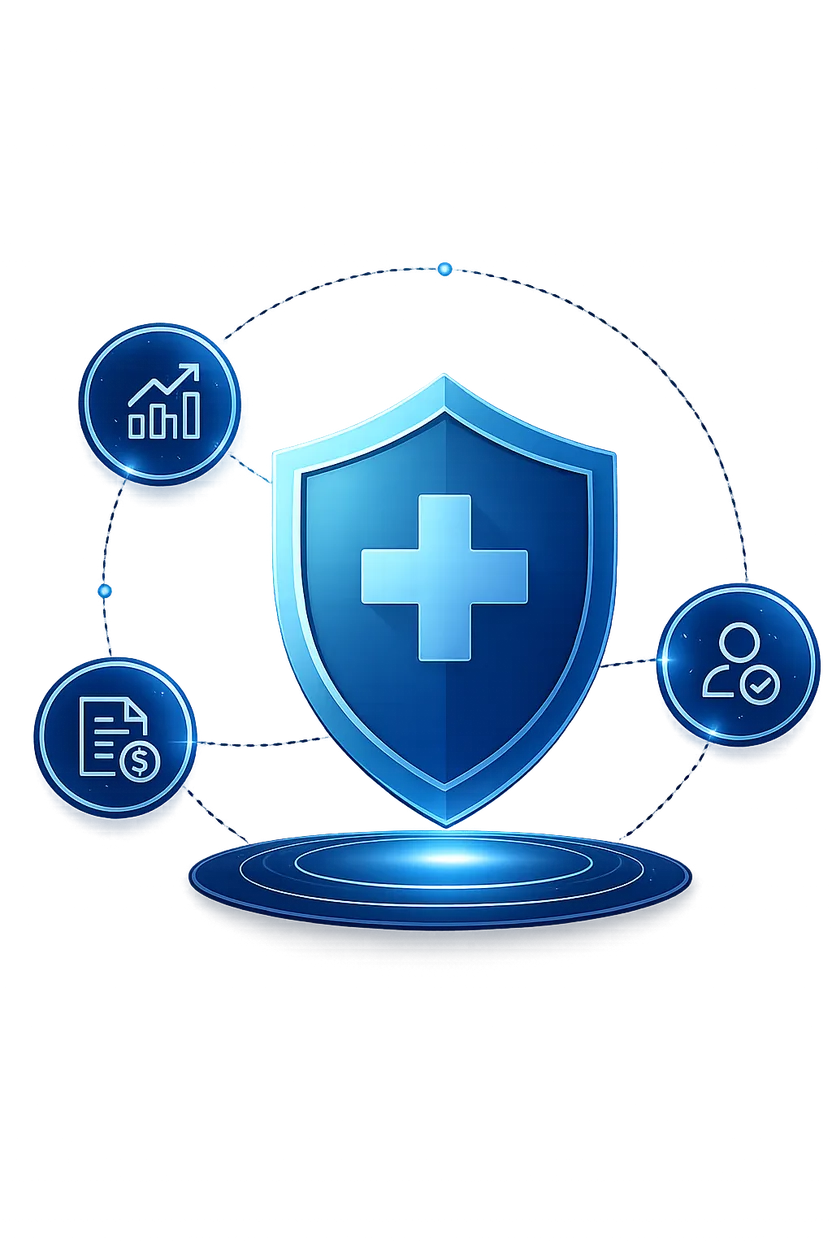 Security shield surrounded by billing performance icons