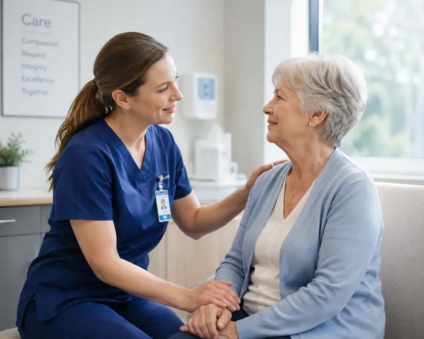 A nurse smiling with an elderly patient