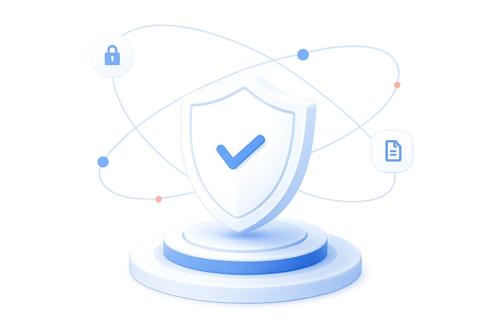 Shield with a check mark surrounded by lock and document symbols