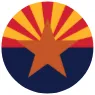 Arizona flag with red and yellow rays, a copper star, and a blue lower half