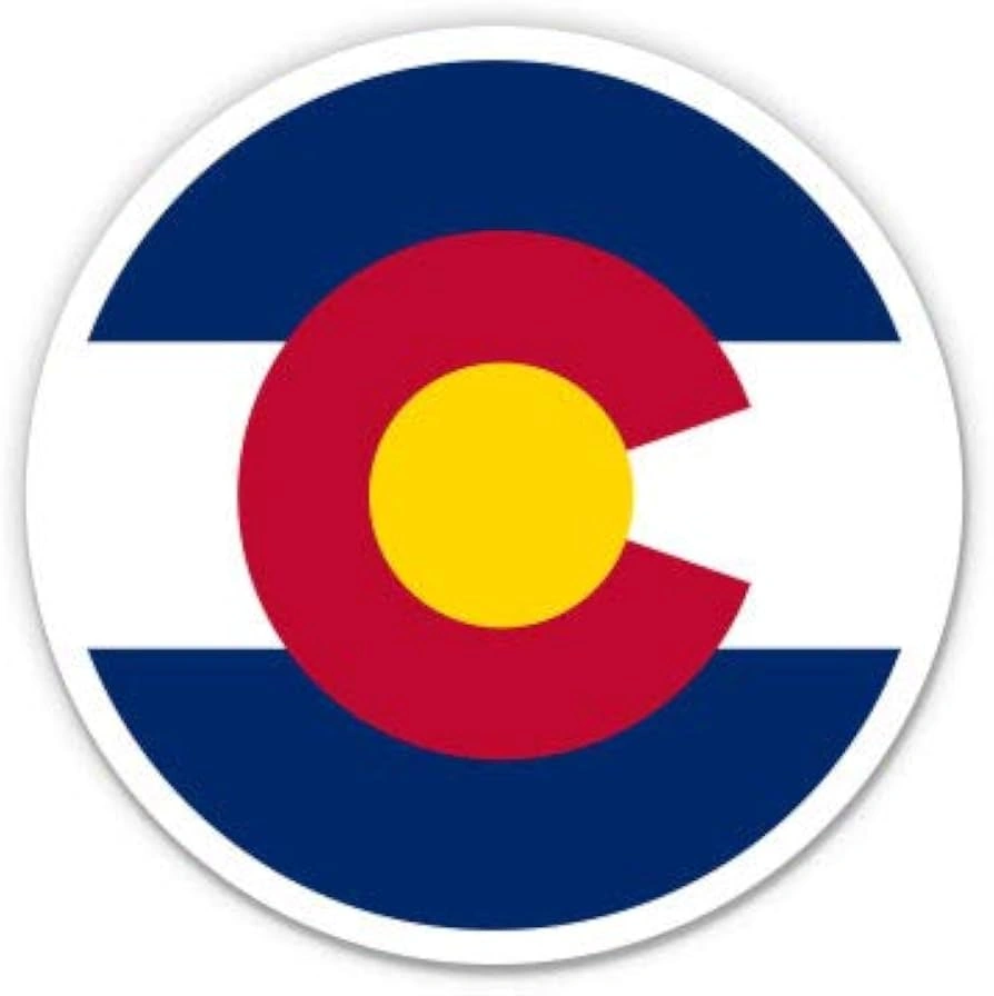 Colorado flag with a red C and gold center over blue and white stripes