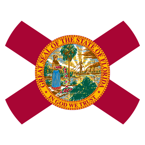 Florida flag with a red cross and the state seal