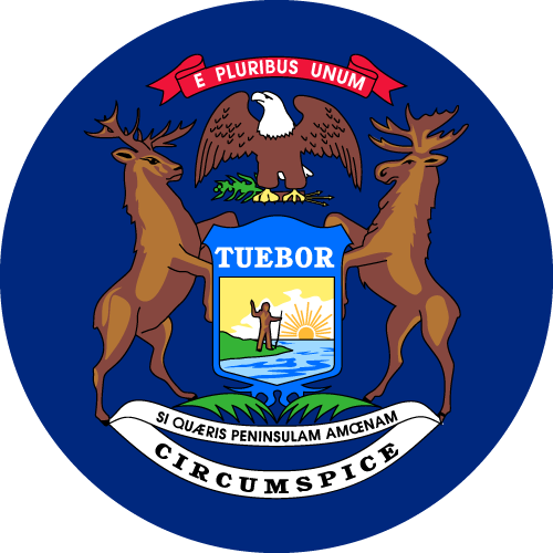 Michigan state coat of arms on a blue background