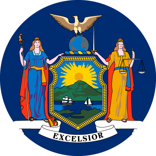 New York state coat of arms on a blue background