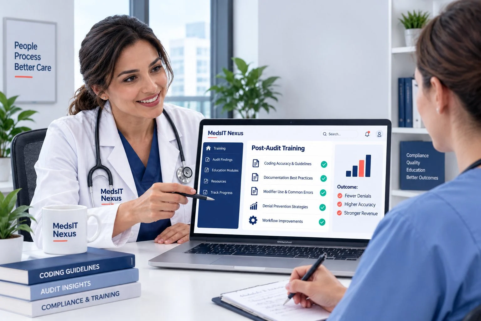 A medical coder walking a colleague through a post-audit training dashboard on a laptop