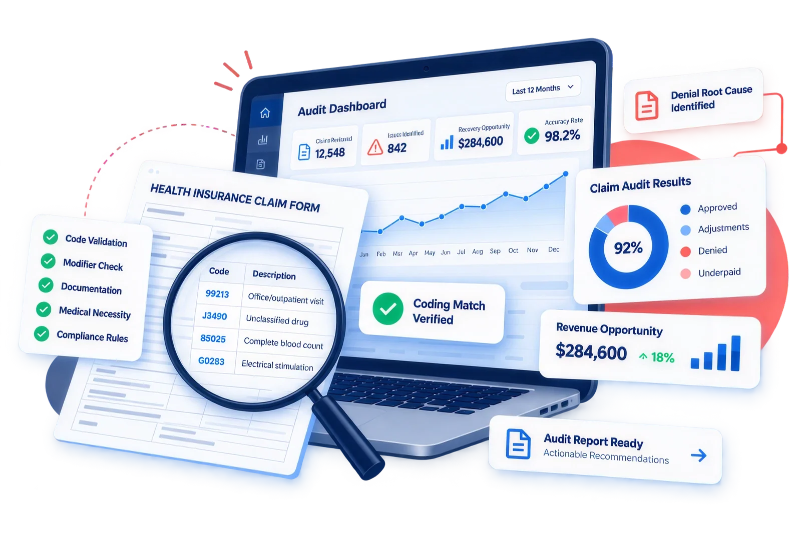 Audit dashboard showing claim audit results, coding match verification and recovered revenue opportunities