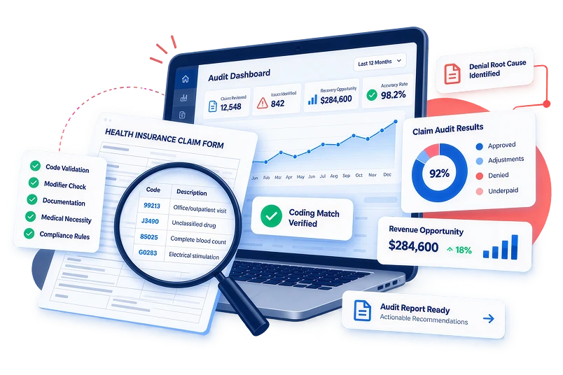 Audit dashboard showing claim audit results, coding match verification and recovered revenue opportunities