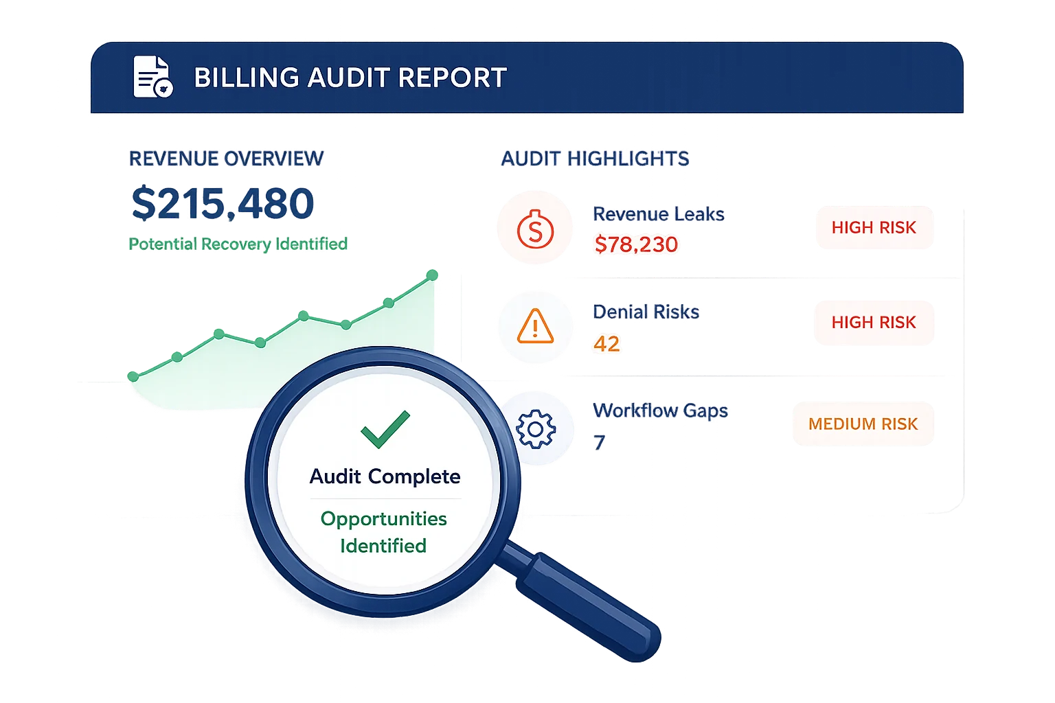 Billing audit report preview showing revenue overview and audit highlights