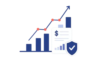 Rising revenue chart next to a billing claim document with a security shield checkmark