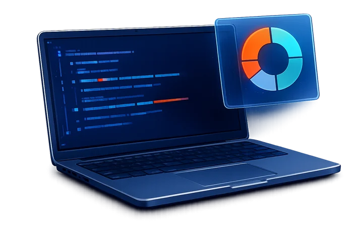 Laptop displaying code with a revenue breakdown pie chart