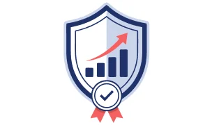 Shield with a rising growth chart and a certified checkmark badge