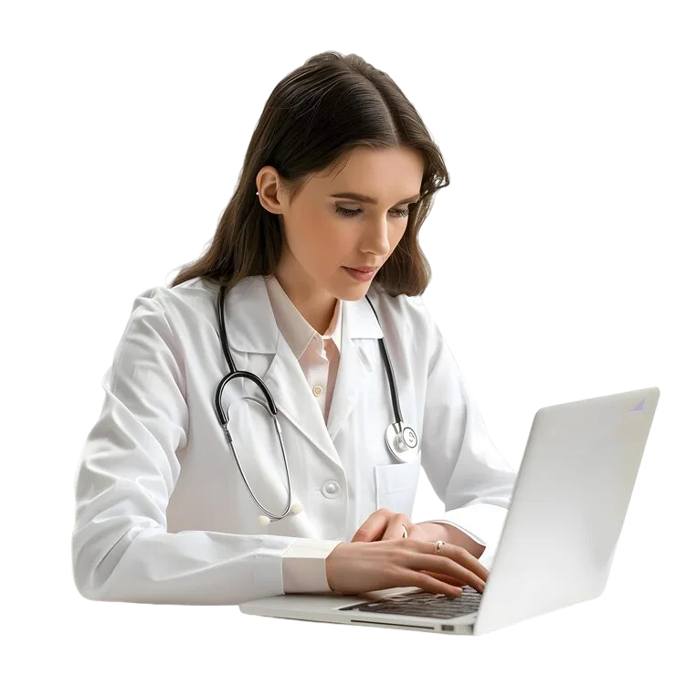 Certified medical coder reviewing patient charts on a laptop