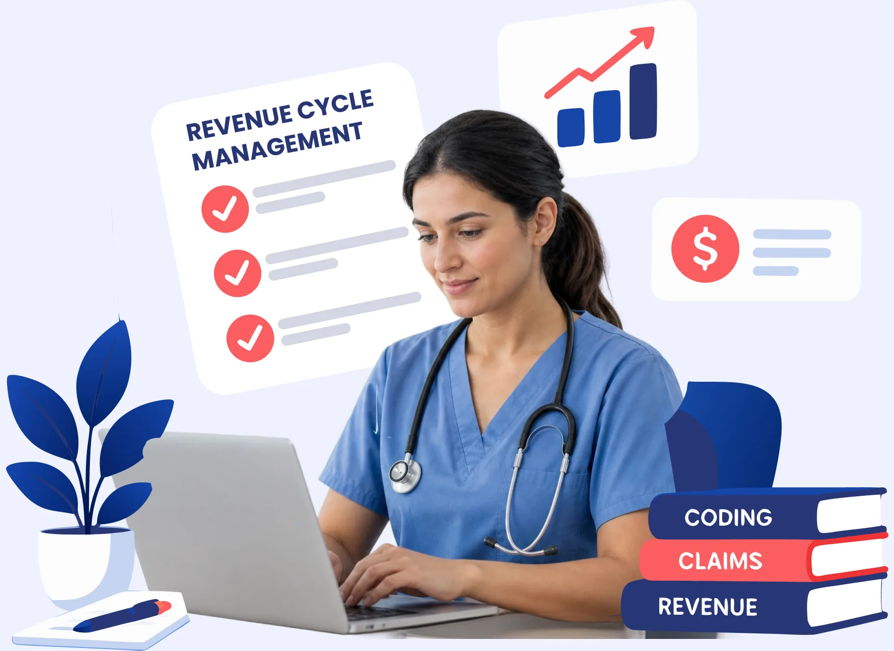 Medical coder working at a laptop beside revenue cycle management, claims and revenue cards