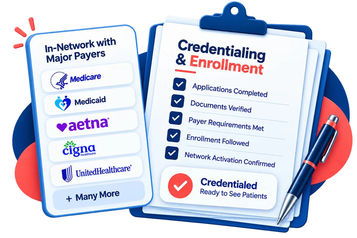 Credentialing and enrollment checklist alongside a list of major payers including Medicare, Medicaid, Aetna, Cigna and UnitedHealthcare