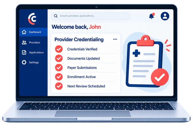 A provider credentialing dashboard on a laptop, showing
              credentials verified, documents updated and enrollment
              active