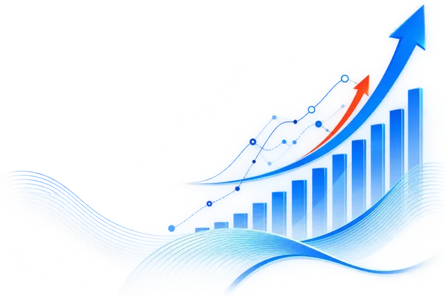 Growth chart with rising bars and upward arrows
