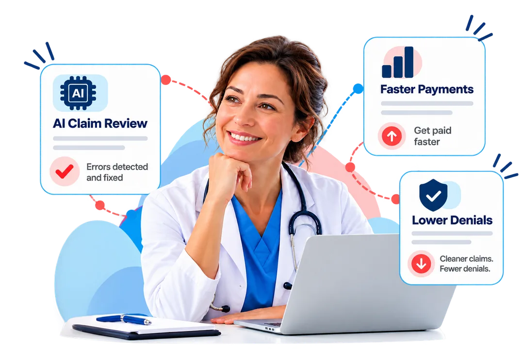 Physician smiling at a laptop beside AI claim review, faster payments and lower denials indicators