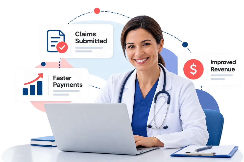 Smiling physician at a laptop with claims submitted, faster payments and improved revenue indicators