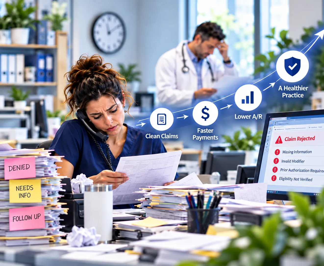 Small practice front-desk staff working through denied claims while the billing workflow moves from clean claims to faster payments and lower A/R